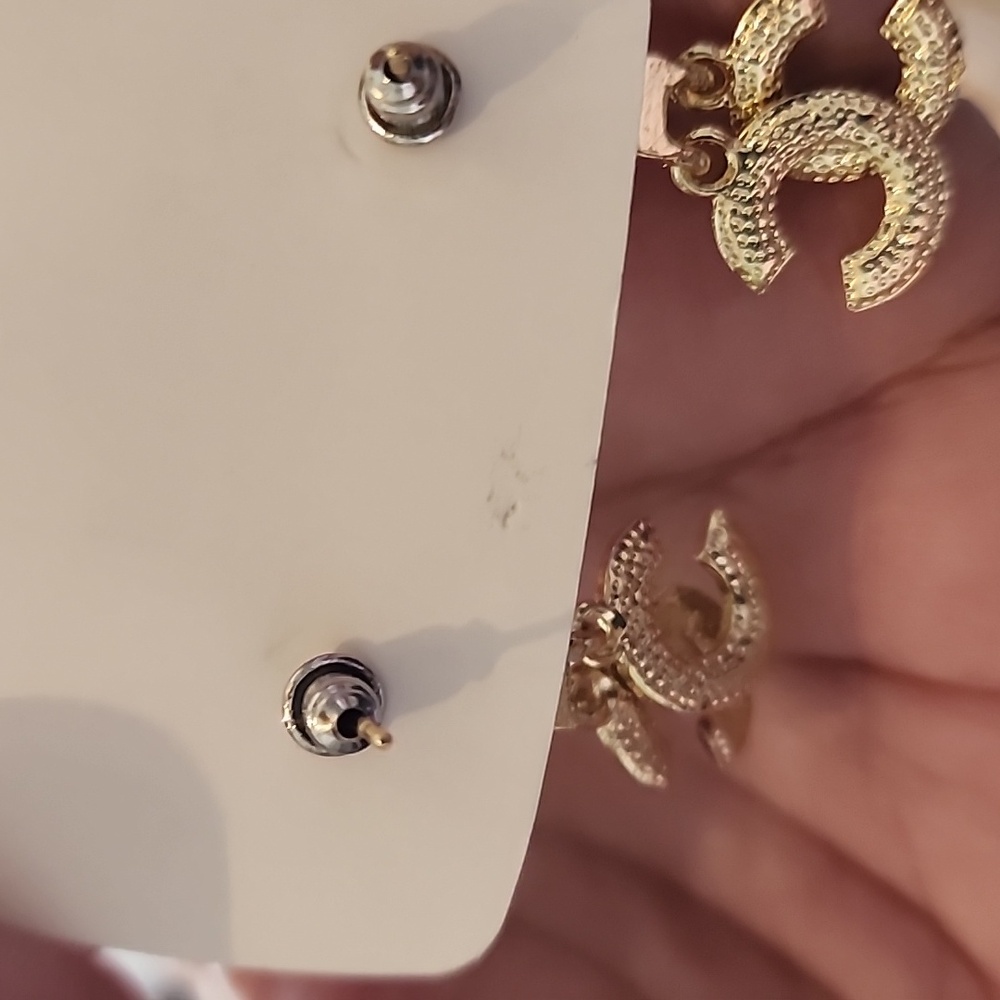 Gold Double C Earrings with Rinestone Accents - Picture 3 of 3